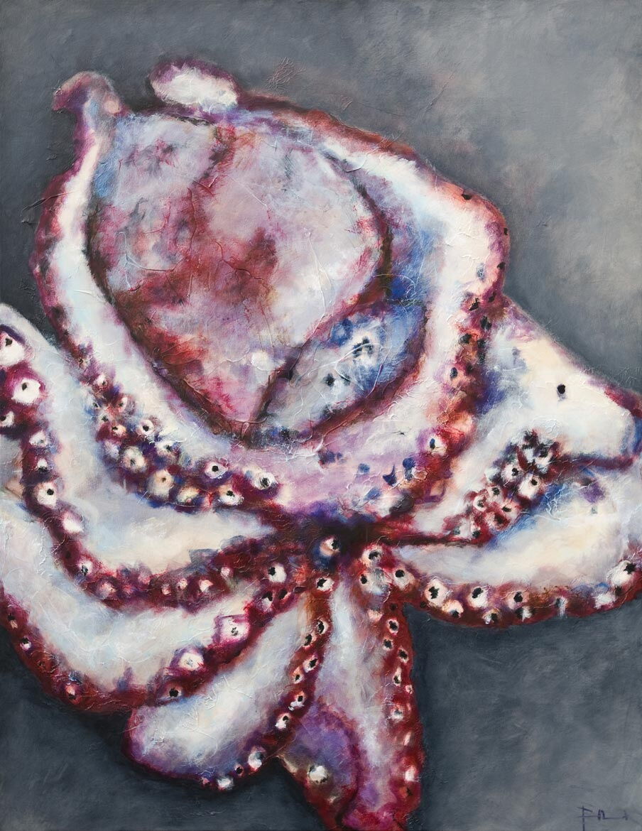 INKTVIS IN HET CENTRUM VAN DE WERELD&nbsp;| acryl en medium op linnen | 100x130cm | € 2.400,-