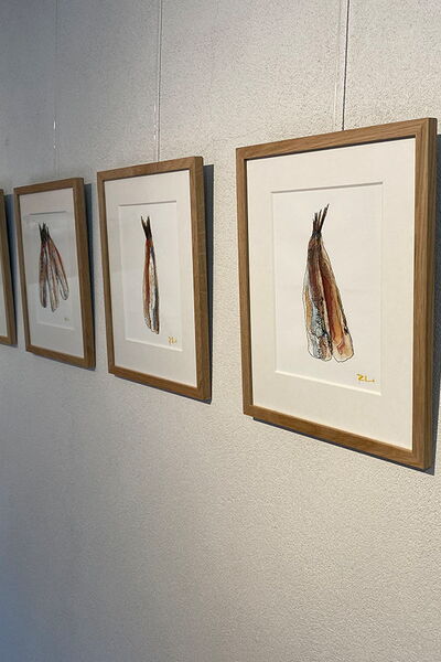 SERIE HARINGEN | 24x18 cm | inkt, acryl, garen op canvas | € 245,- per stuk